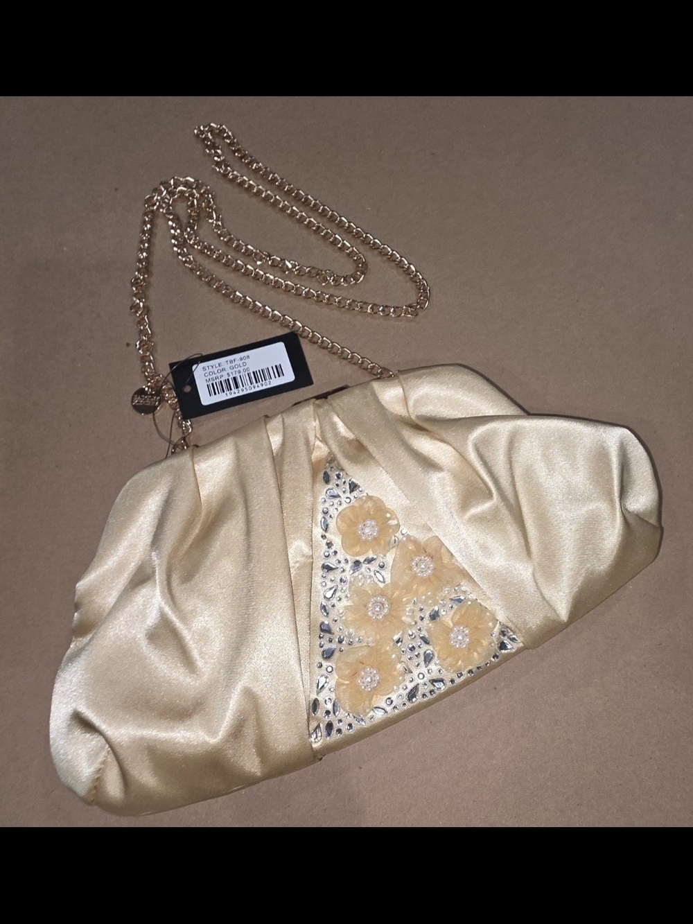 Badgley Mischka Gold Floral Beaded Pleated Chain Strap Shiny Clutch Women's Bag